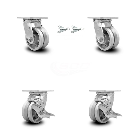 Service Caster 4 Inch V Groove Semi Steel Caster Set with Roller Bearings 2 Swivel Lock 2 Brake SCC-30CS420-VGR-BSL-2-TLB-2